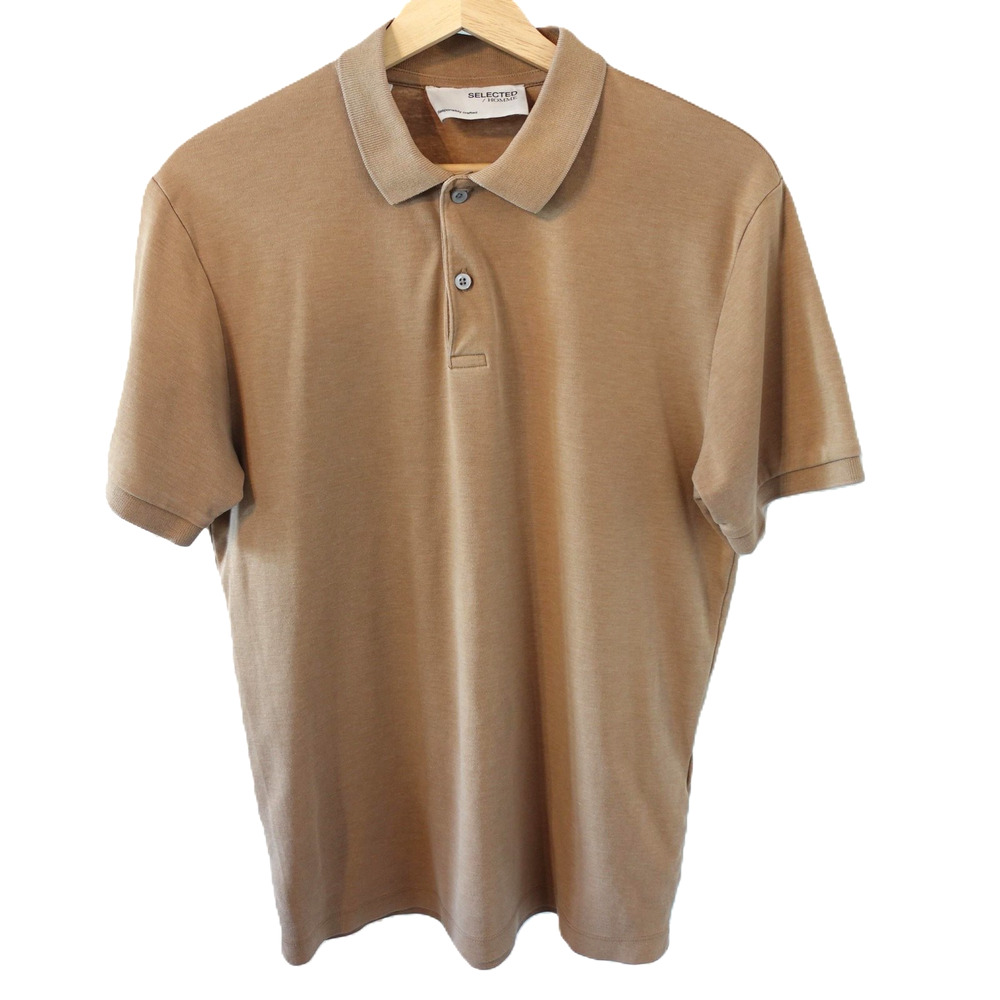 Selected Homme Polo Shirt Mens Medium Tan‎ Organic Cotton Casual Elevated Basic